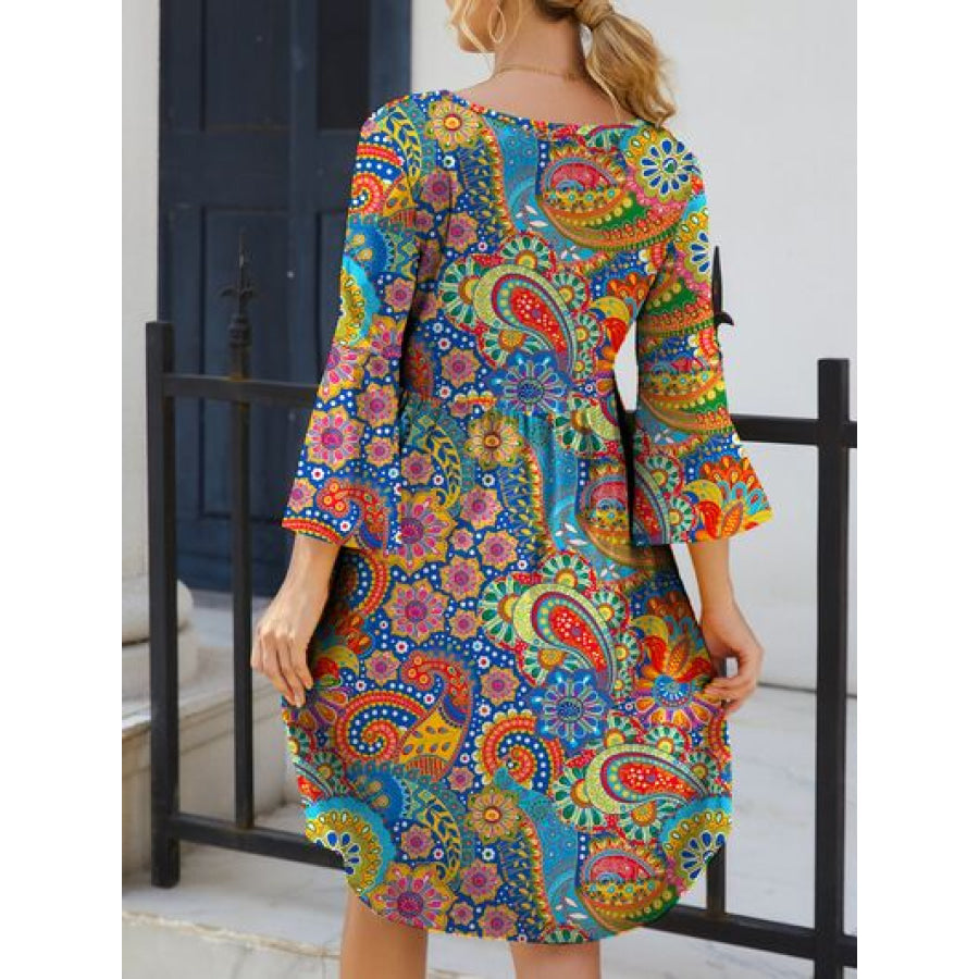 Paisley Print Round Neck Three - Quarter Sleeve Dress Apparel and Accessories