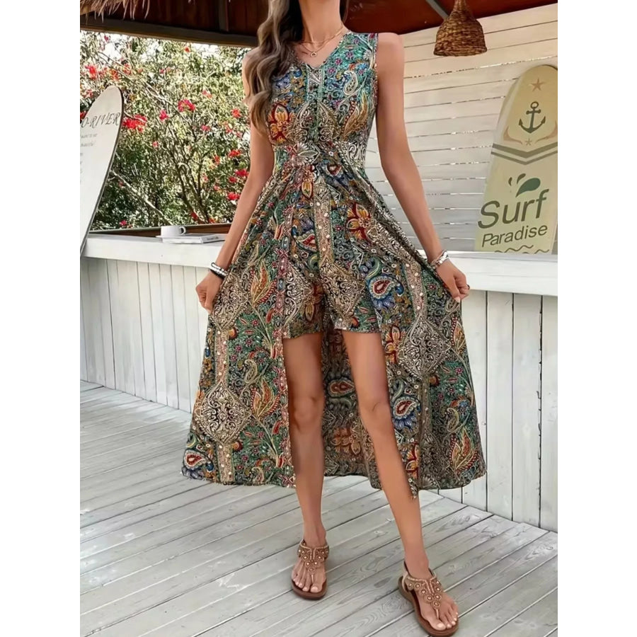 Paisley Print Sleeveless Romper Army Green / S Apparel and Accessories