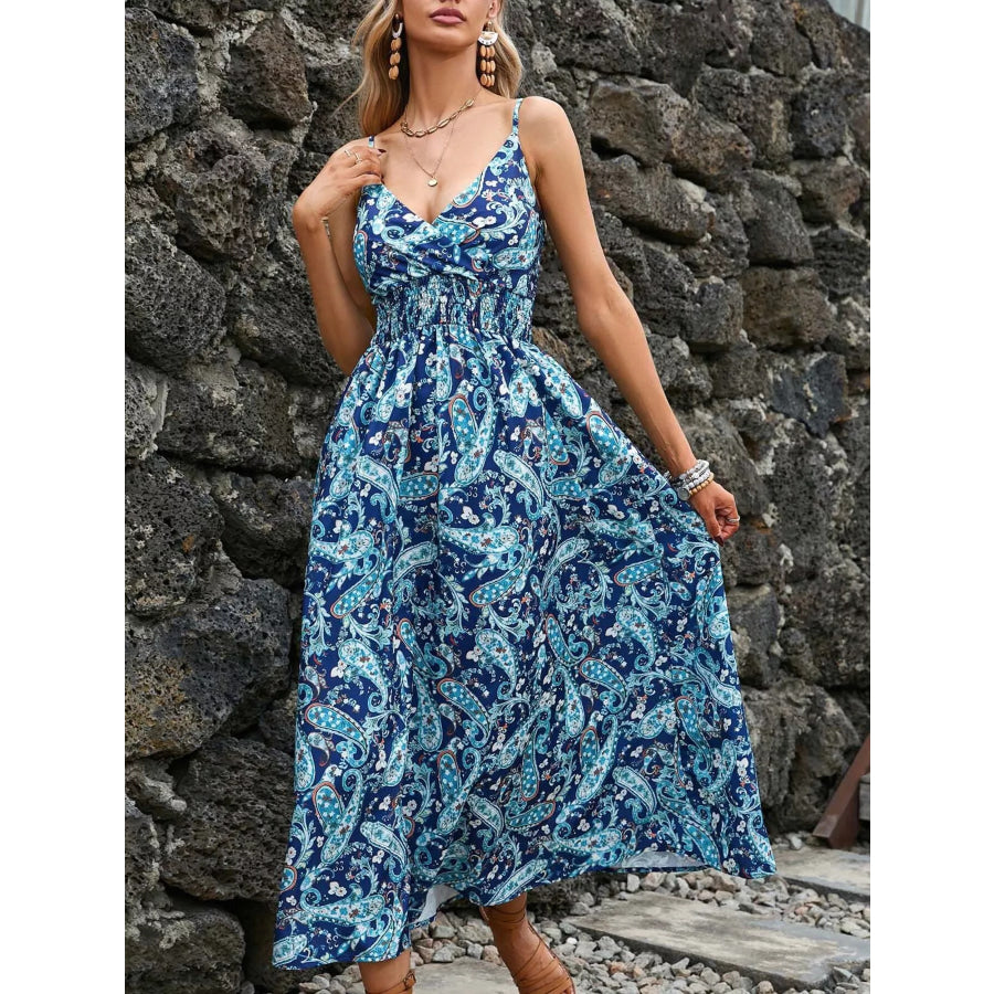 Paisley Print Spaghetti Strap Midi Dress Aqua / S Apparel and Accessories