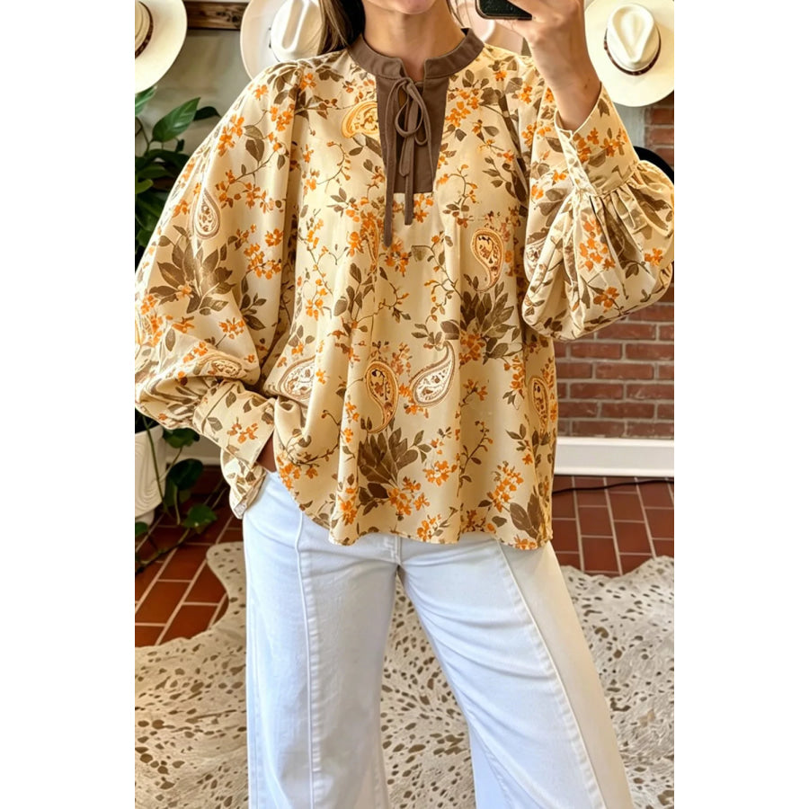 Paisley Print Tie Neck Long Sleeve Shift Top Apparel and Accessories