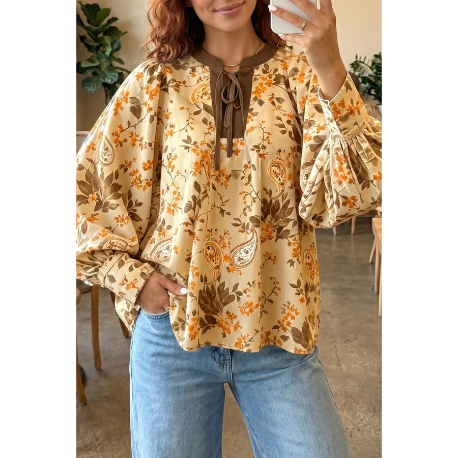 Paisley Print Tie Neck Long Sleeve Shift Top Tan / S Apparel and Accessories