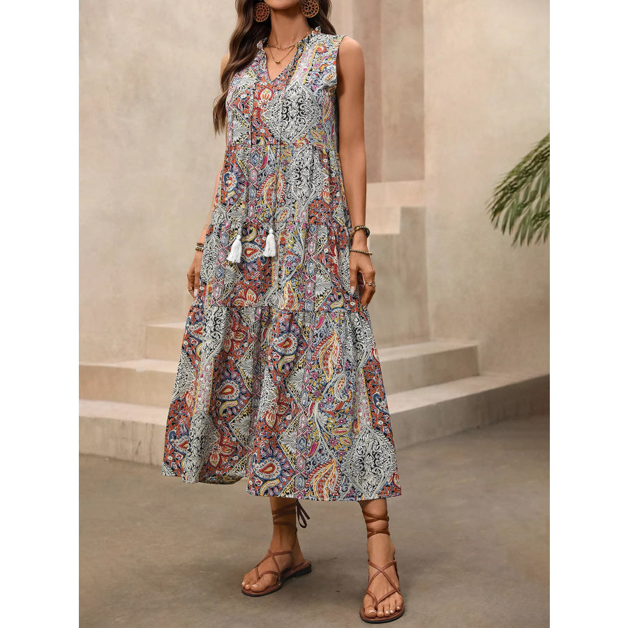 Paisley Print Tie Neck Sleeveless Midi Dress Apparel and Accessories