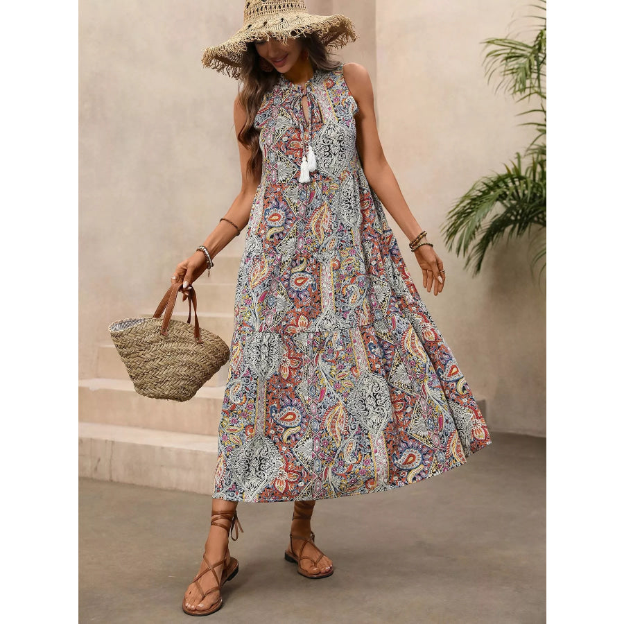 Paisley Print Tie Neck Sleeveless Midi Dress Apparel and Accessories