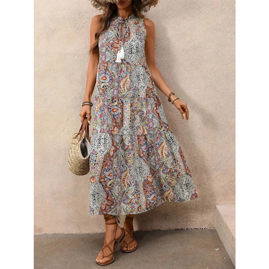 Paisley Print Tie Neck Sleeveless Midi Dress Apparel and Accessories