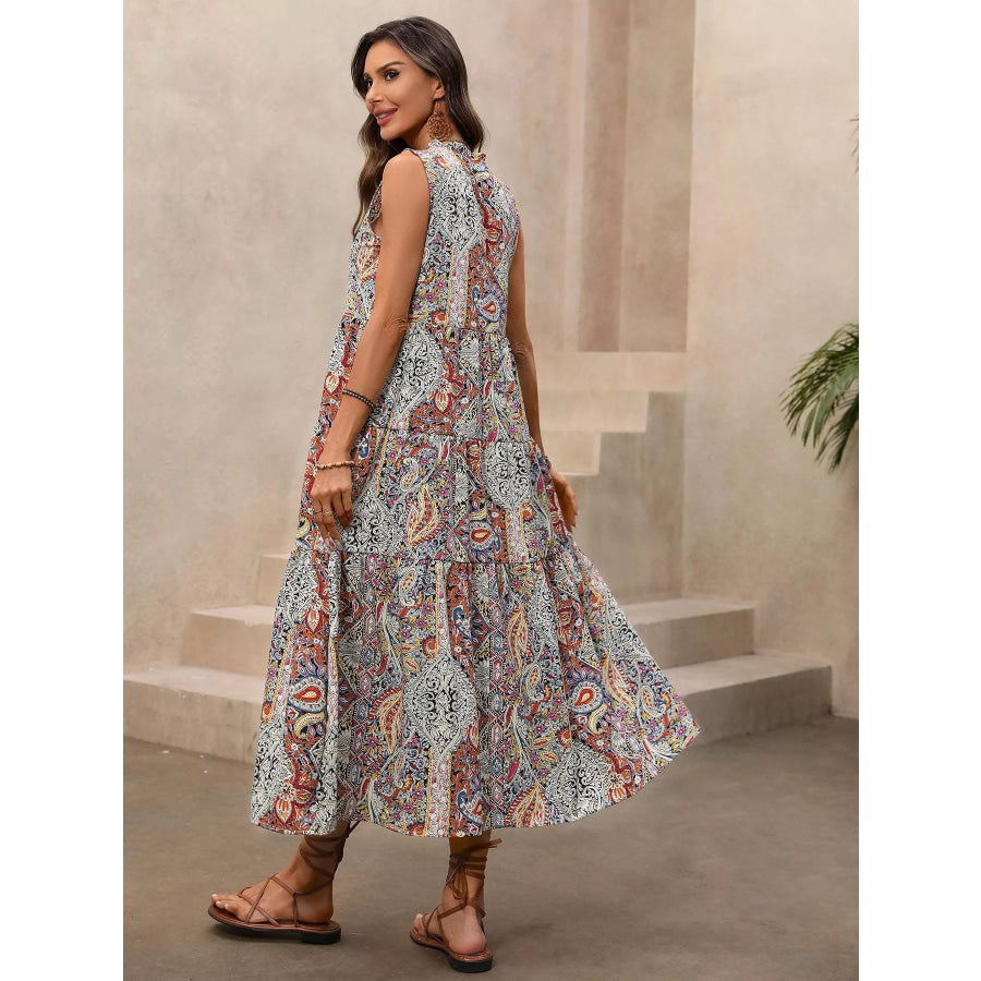 Paisley Print Tie Neck Sleeveless Midi Dress Apparel and Accessories