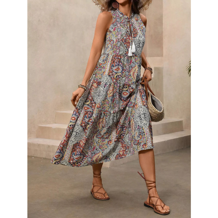 Paisley Print Tie Neck Sleeveless Midi Dress Multicolor / S Apparel and Accessories