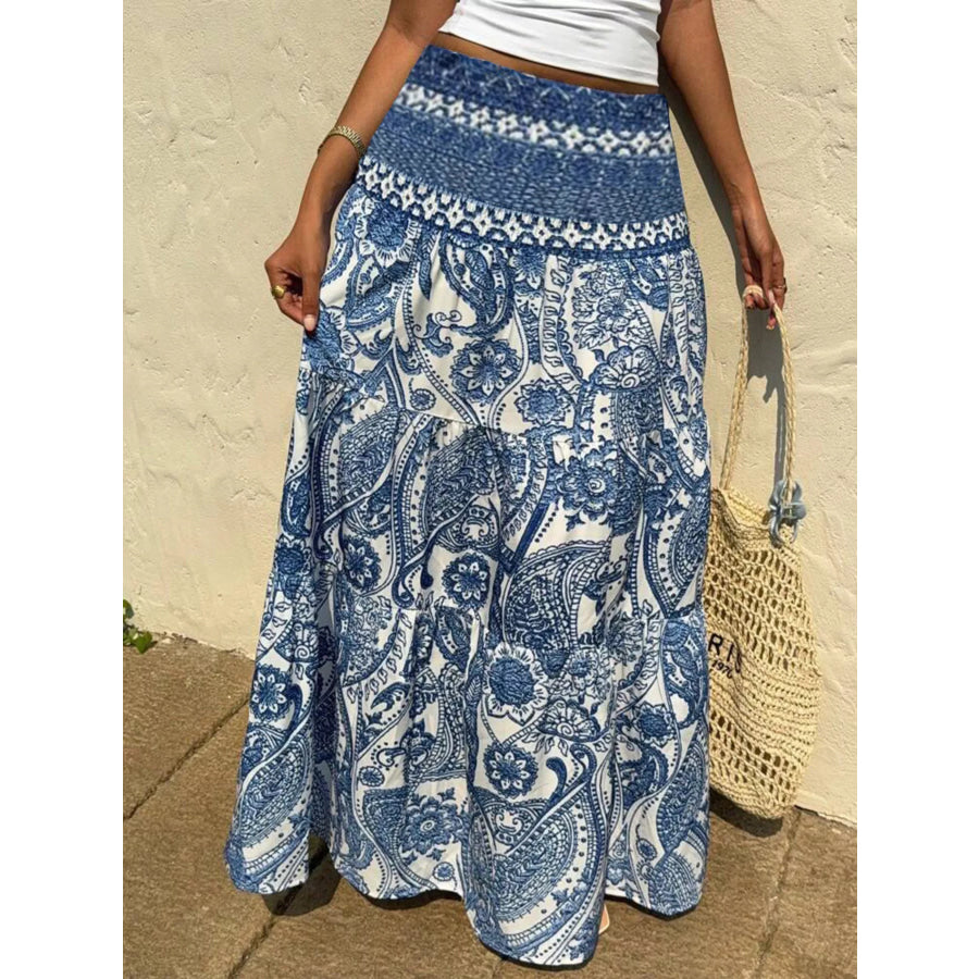 Paisley Print Tiered Maxi Skirt Blue / S Apparel and Accessories