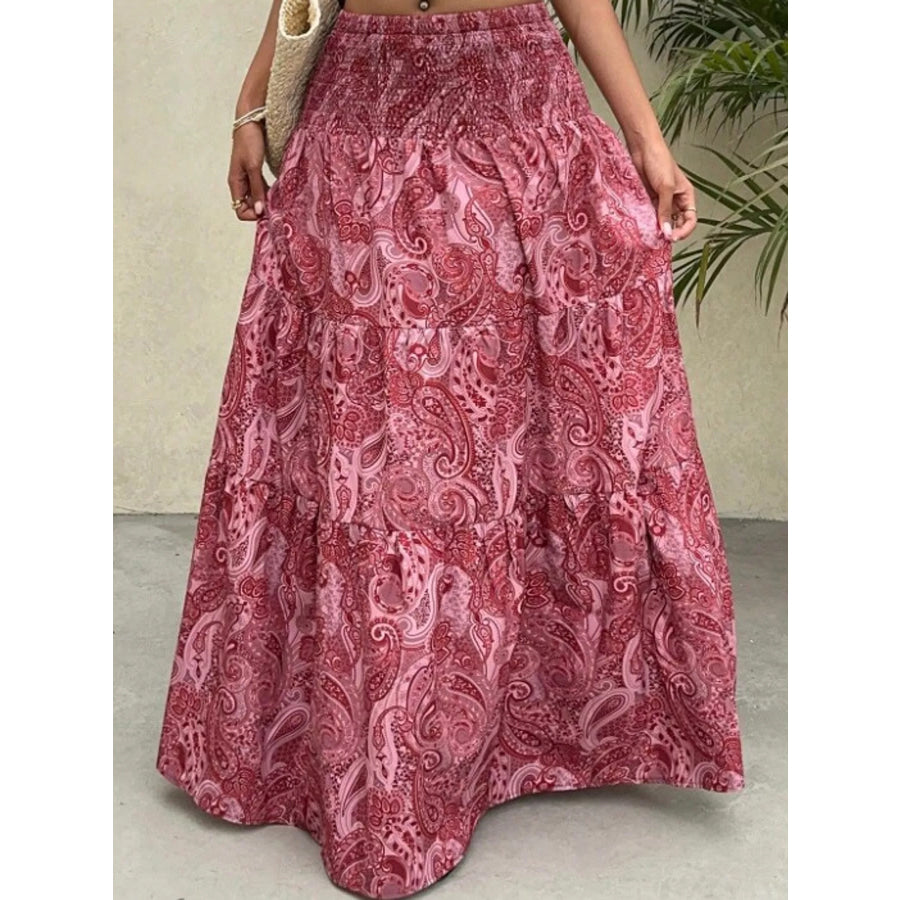 Paisley Print Tiered Maxi Skirt Cerise / S Apparel and Accessories