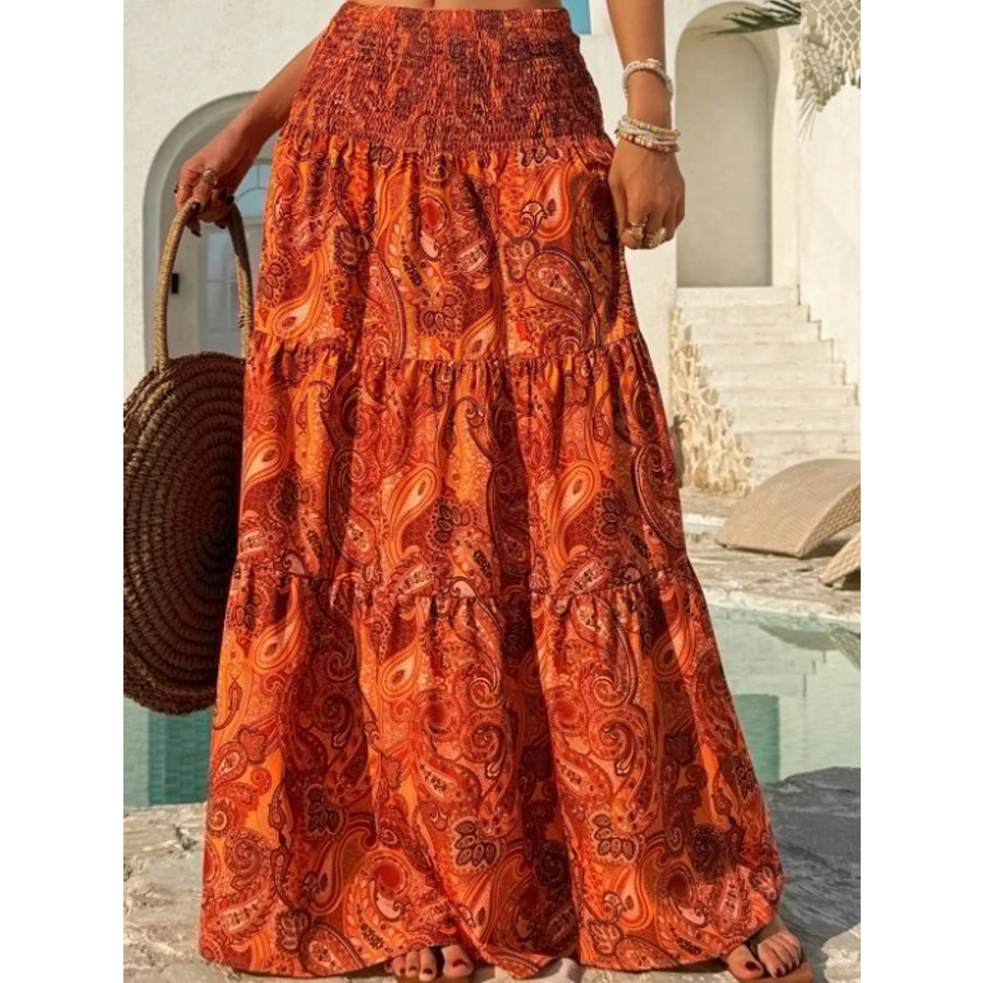 Paisley Print Tiered Maxi Skirt Orange-Red / S Apparel and Accessories