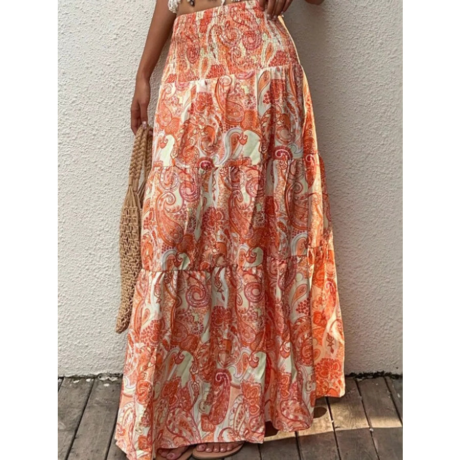 Paisley Print Tiered Maxi Skirt Orange / S Apparel and Accessories