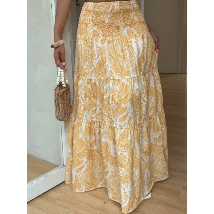 Paisley Print Tiered Maxi Skirt Pastel Yellow / S Apparel and Accessories