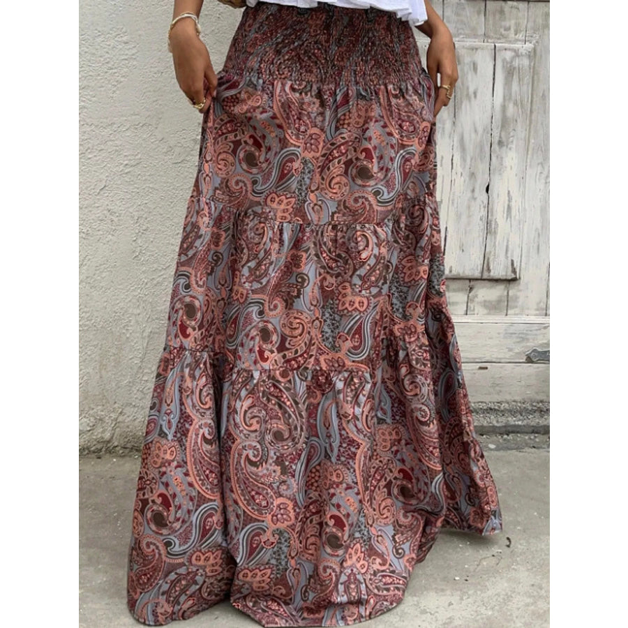 Paisley Print Tiered Maxi Skirt Plum Purple / S Apparel and Accessories