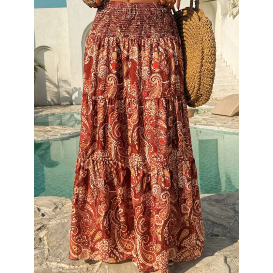 Paisley Print Tiered Maxi Skirt Rust / S Apparel and Accessories