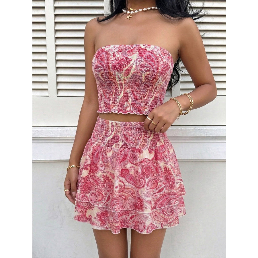 Paisley Print Tube Top and Ruffle Mini Skirt Set Fuchsia Pink / S Apparel and Accessories