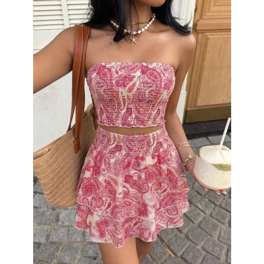 Paisley Print Tube Top and Ruffle Mini Skirt Set Fuchsia Pink / S Apparel and Accessories