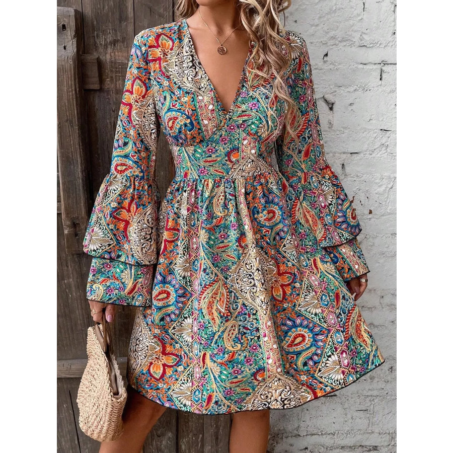 Paisley Print V-Neck Bell Sleeve Mini Dress Apparel and Accessories