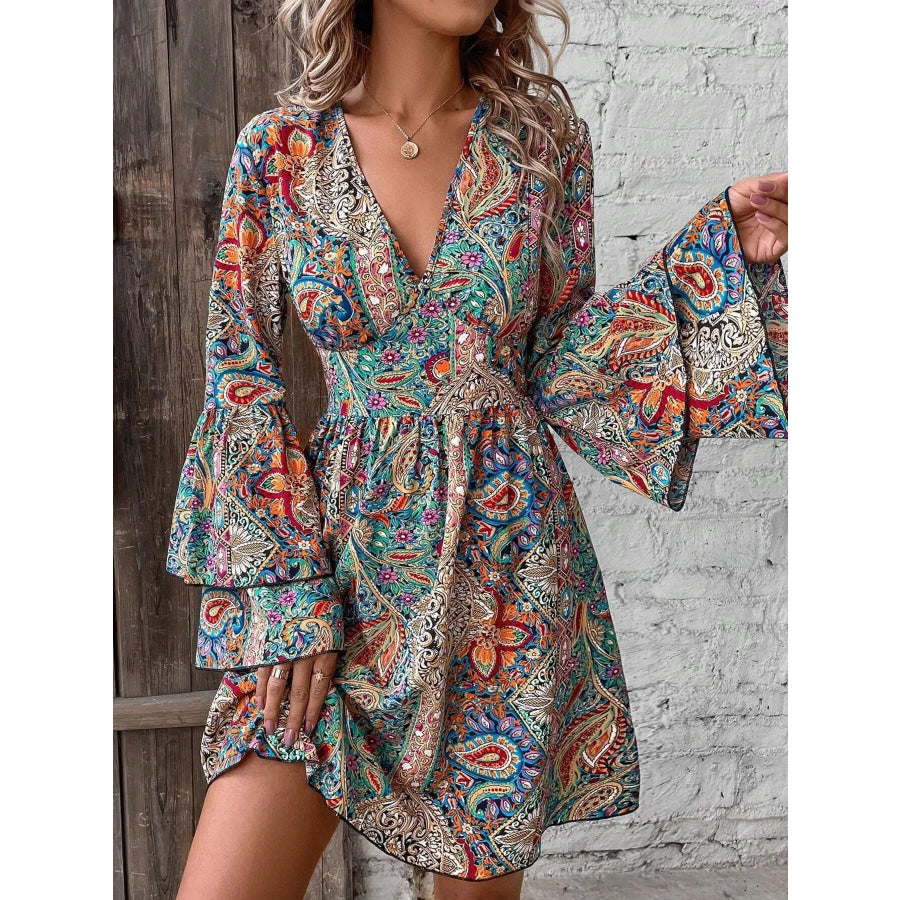 Paisley Print V-Neck Bell Sleeve Mini Dress Apparel and Accessories