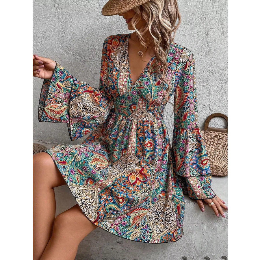 Paisley Print V-Neck Bell Sleeve Mini Dress Apparel and Accessories