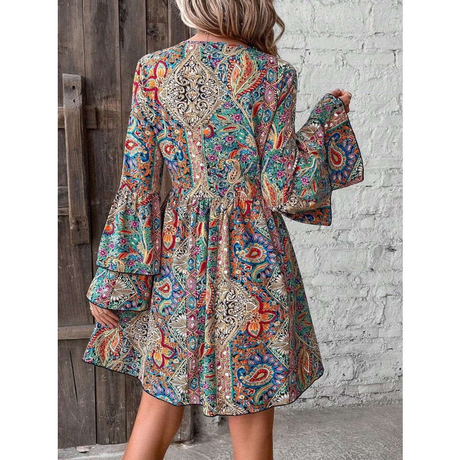 Paisley Print V-Neck Bell Sleeve Mini Dress Apparel and Accessories
