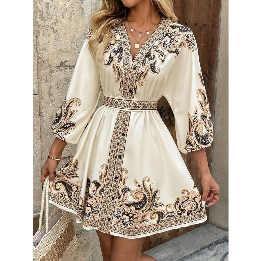 Paisley Print V-Neck Belted Mini Dress Apparel and Accessories