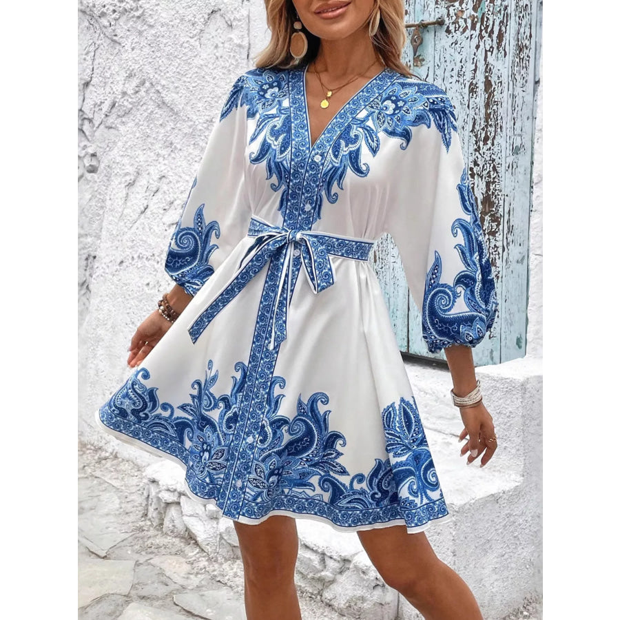 Paisley Print V-Neck Belted Mini Dress Apparel and Accessories