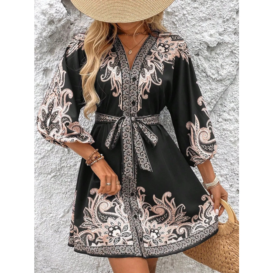Paisley Print V-Neck Belted Mini Dress Apparel and Accessories