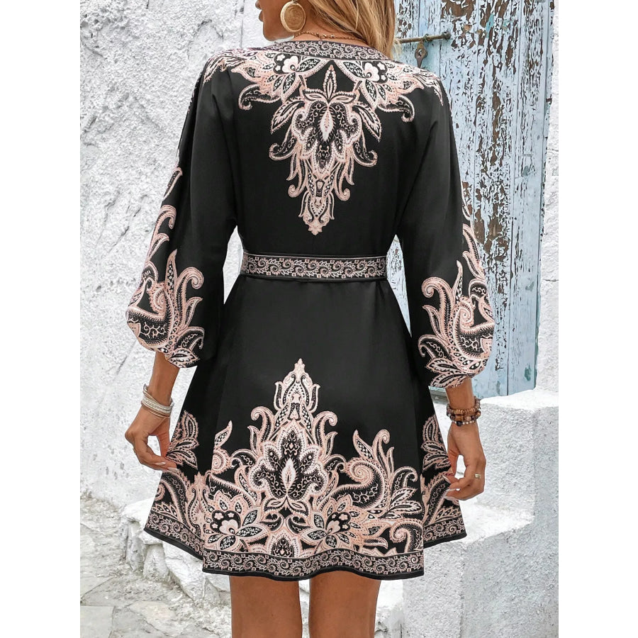 Paisley Print V-Neck Belted Mini Dress Apparel and Accessories