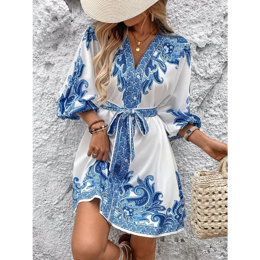 Paisley Print V-Neck Belted Mini Dress Apparel and Accessories