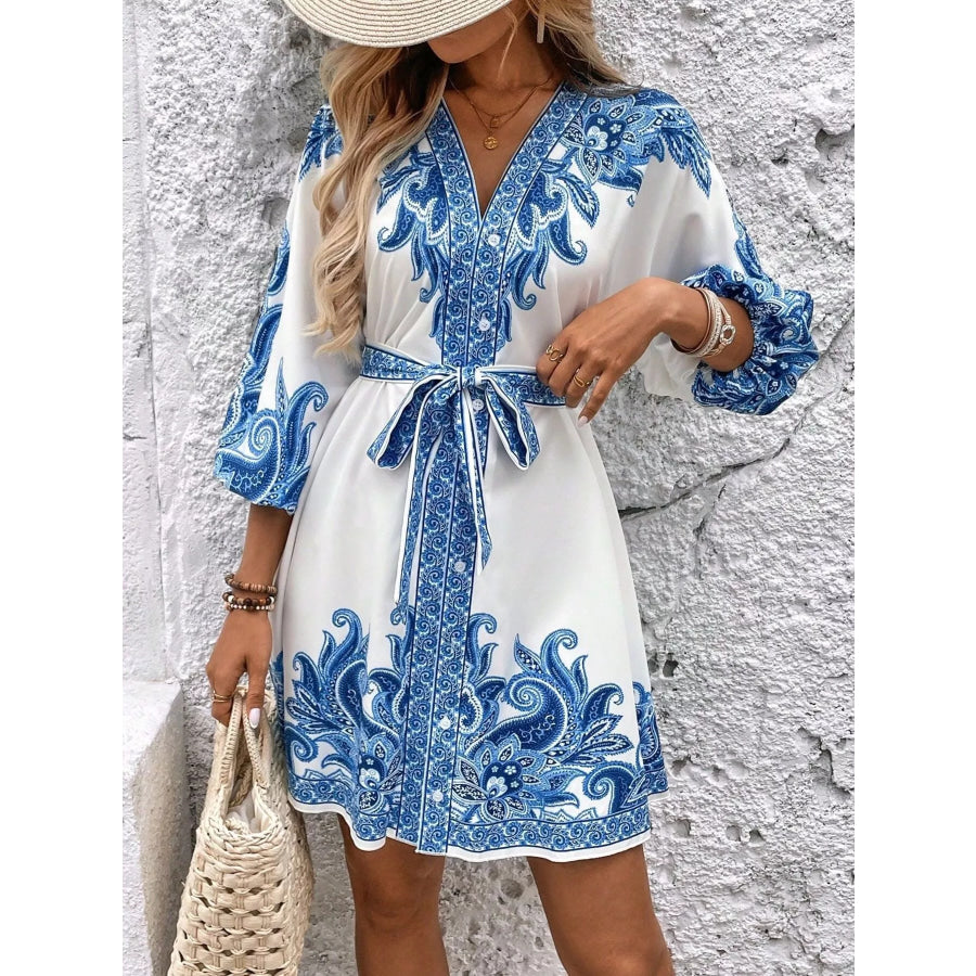 Paisley Print V-Neck Belted Mini Dress Apparel and Accessories