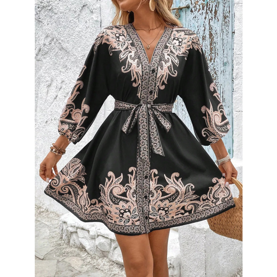 Paisley Print V-Neck Belted Mini Dress Apparel and Accessories