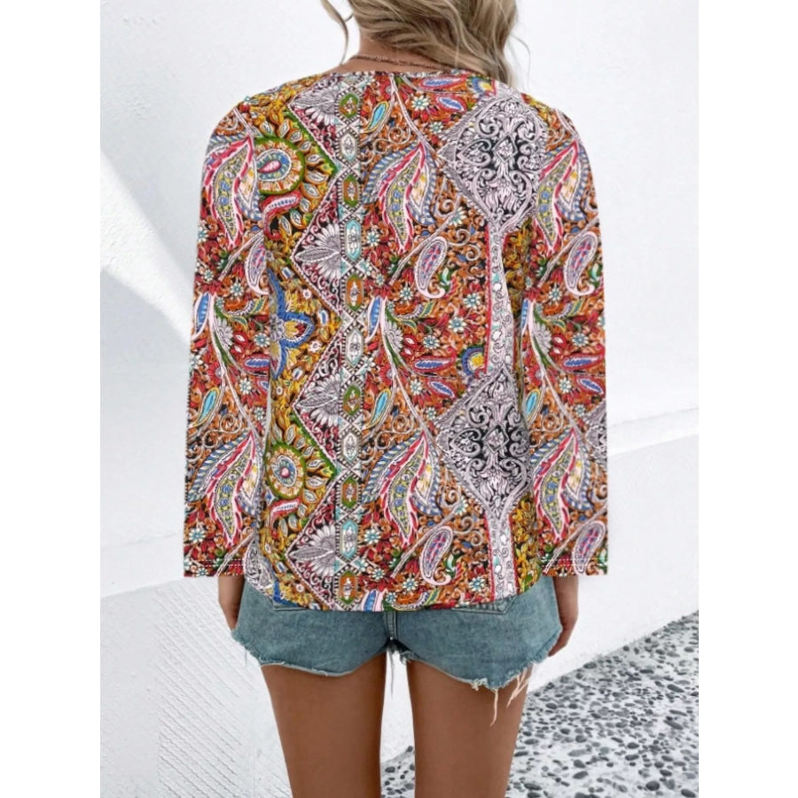 Paisley Print V-Neck Long Sleeve Blouse Apparel and Accessories