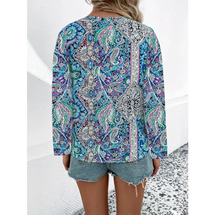 Paisley Print V-Neck Long Sleeve Blouse Apparel and Accessories