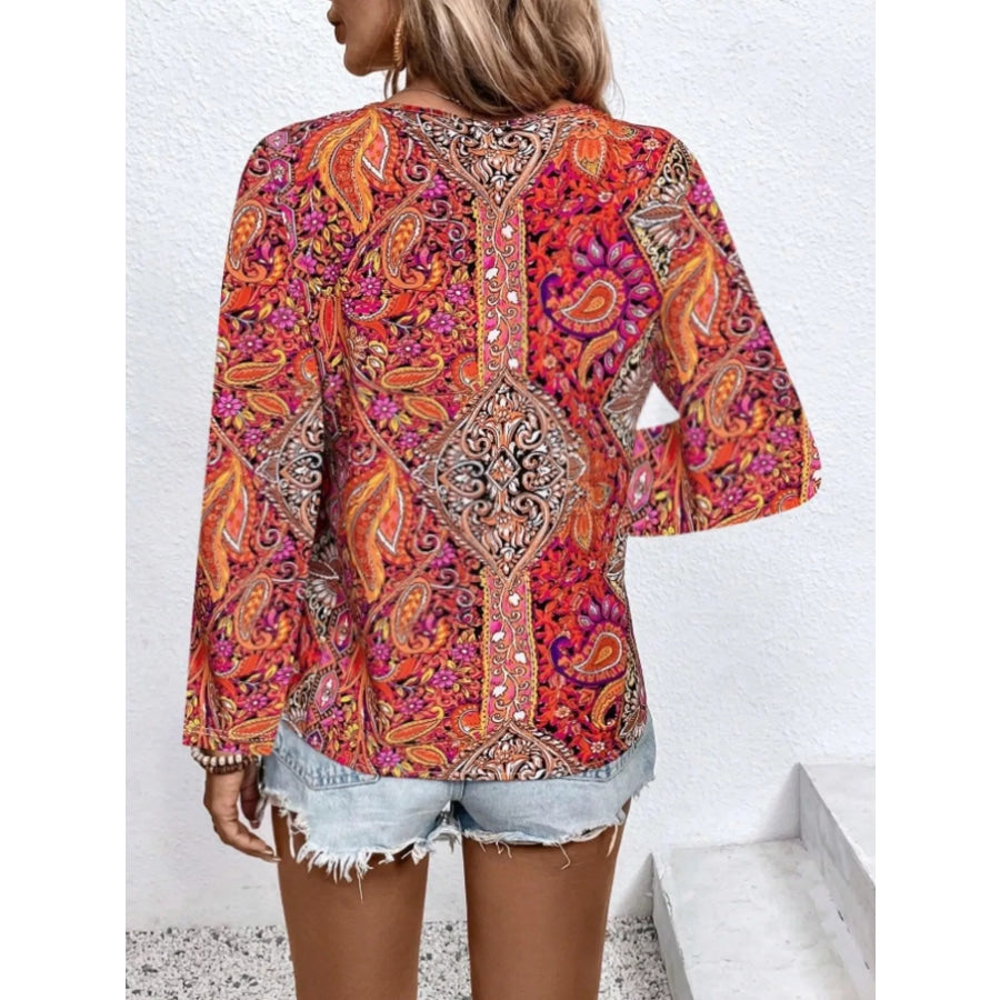 Paisley Print V-Neck Long Sleeve Blouse Apparel and Accessories