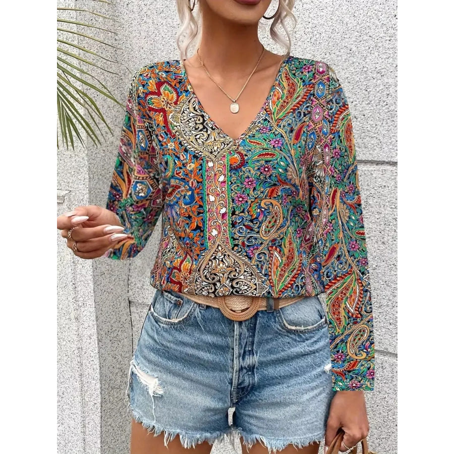 Paisley Print V-Neck Long Sleeve Blouse Peacock Blue / S Apparel and Accessories
