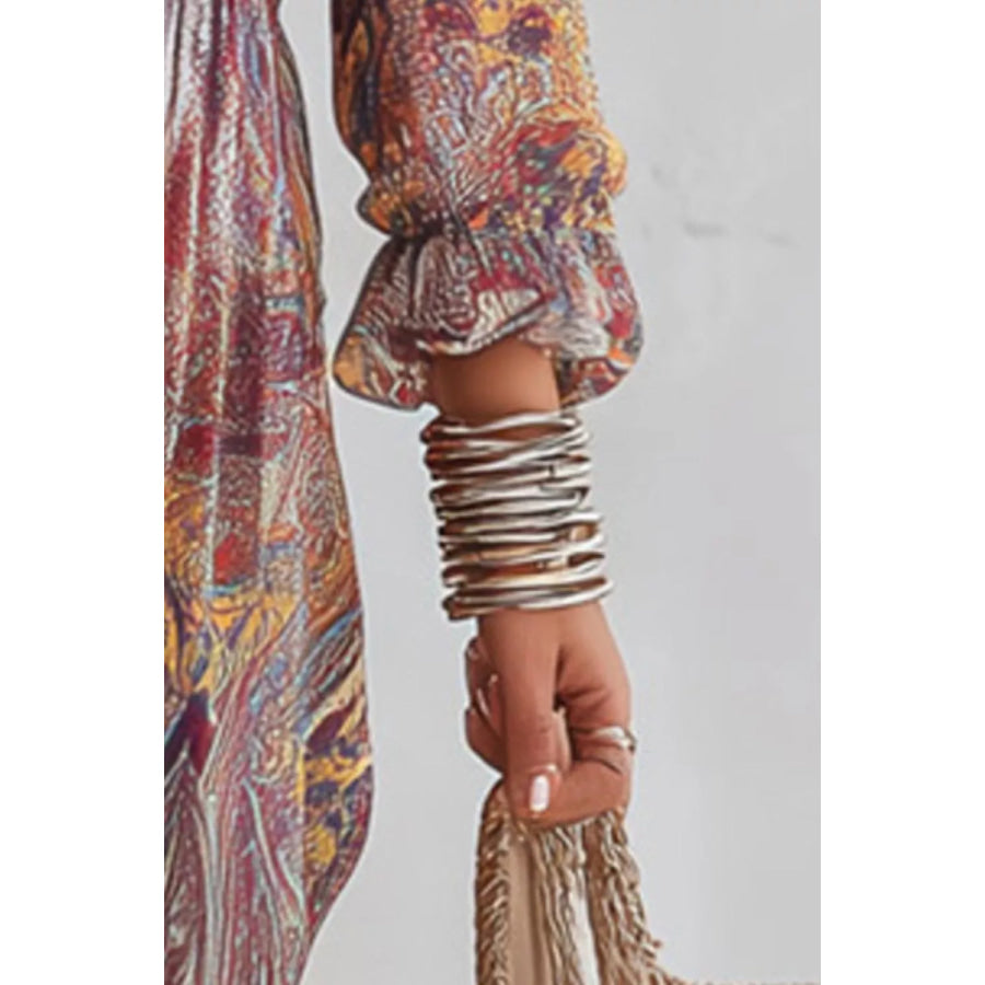 Paisley Print V-Neck Long Sleeve Maxi Dress Apparel and Accessories