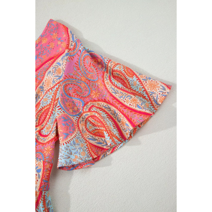 Paisley Print V-Neck Short Sleeve Boho Dress with Ruffle Details Apparel and Accessories