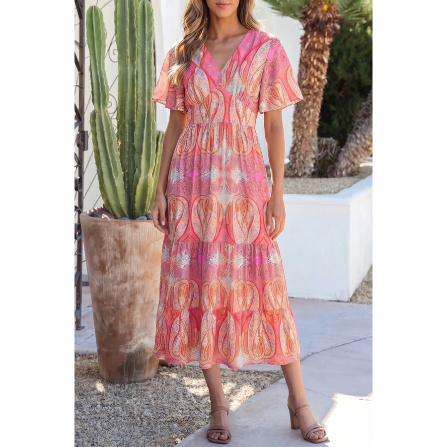 Paisley Print V-Neck Short Sleeve Boho Dress with Ruffle Details Apparel and Accessories