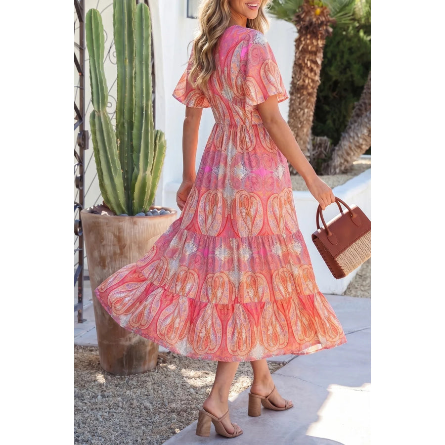 Paisley Print V-Neck Short Sleeve Boho Dress with Ruffle Details Apparel and Accessories