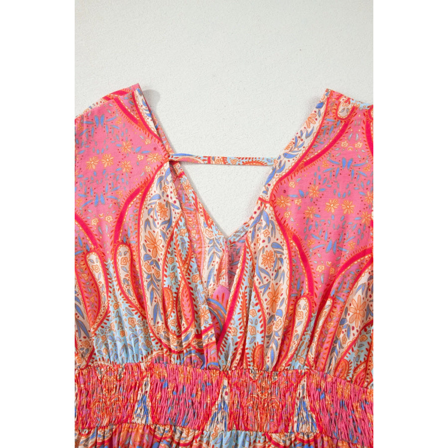 Paisley Print V-Neck Short Sleeve Boho Dress with Ruffle Details Apparel and Accessories