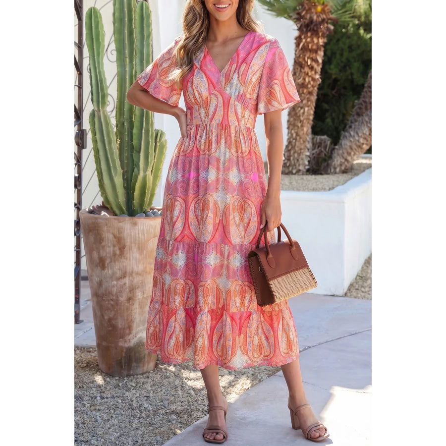 Paisley Print V-Neck Short Sleeve Boho Dress with Ruffle Details Apparel and Accessories