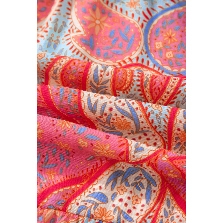 Paisley Print V-Neck Short Sleeve Boho Dress with Ruffle Details Apparel and Accessories