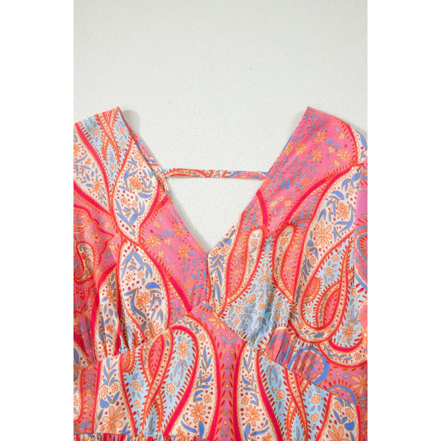 Paisley Print V-Neck Short Sleeve Boho Dress with Ruffle Details Apparel and Accessories
