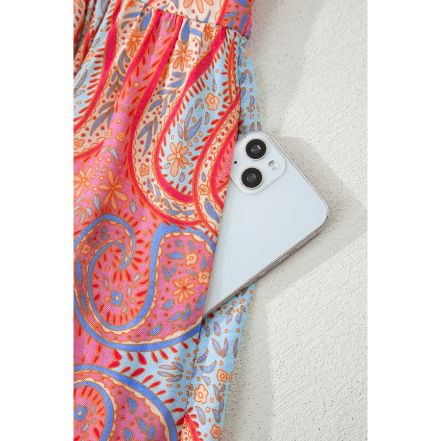 Paisley Print V-Neck Short Sleeve Boho Dress with Ruffle Details Apparel and Accessories