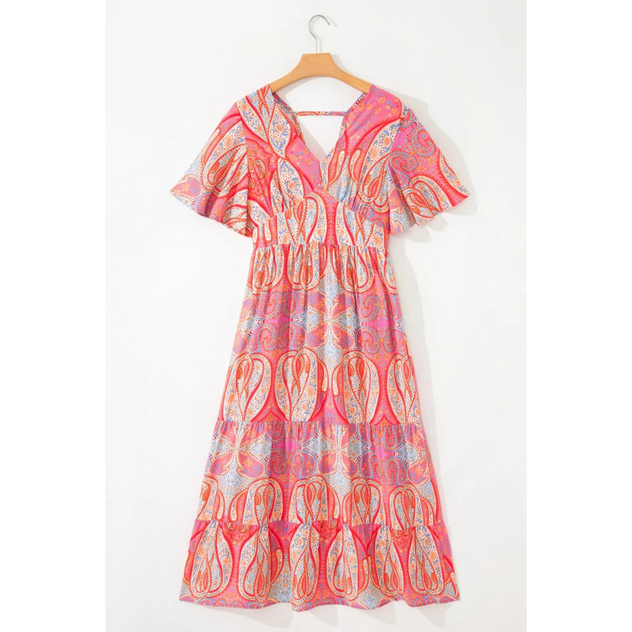 Paisley Print V-Neck Short Sleeve Boho Dress with Ruffle Details Apparel and Accessories
