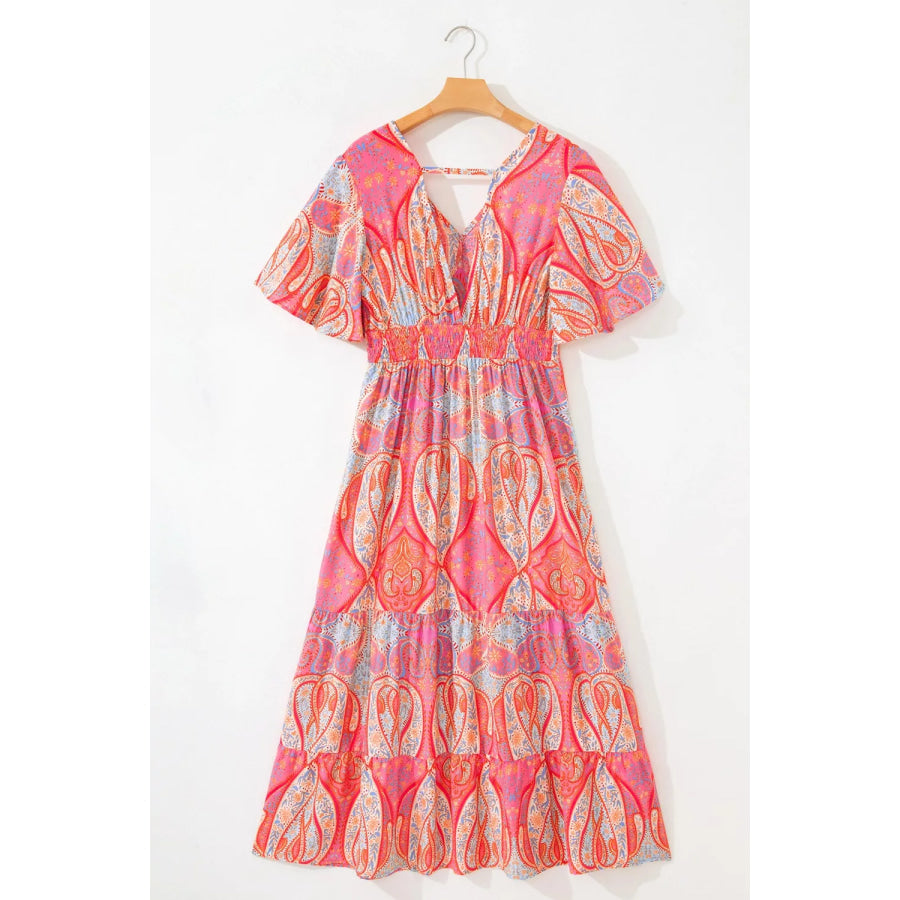 Paisley Print V-Neck Short Sleeve Boho Dress with Ruffle Details Apparel and Accessories