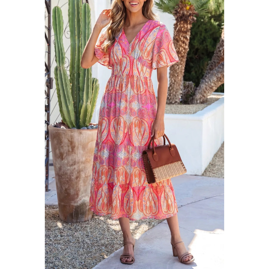 Paisley Print V-Neck Short Sleeve Boho Dress with Ruffle Details Burnt Coral / S Apparel and Accessories
