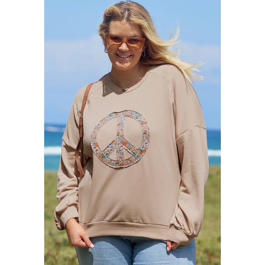 Pale Khaki Floral Peace Sign Graphic Washed Terry Plus Size Sweatshirt Pale Khaki / 1X / 65% Polyester + 35% Cotton Plus Size/Plus Size