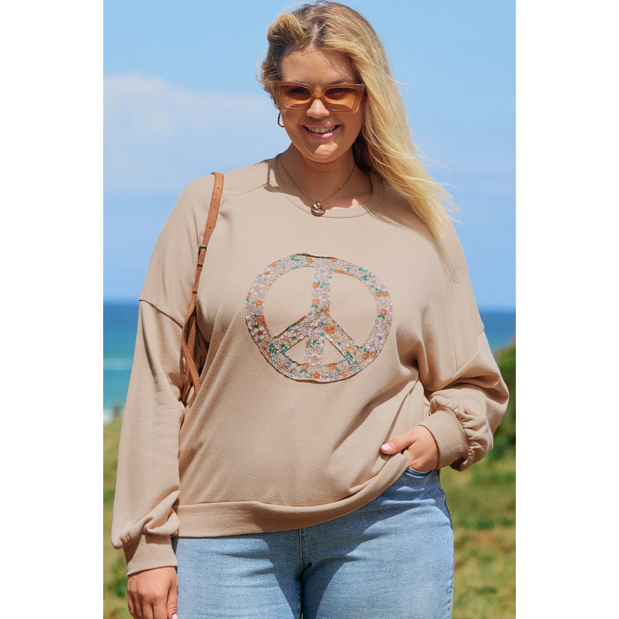 Pale Khaki Floral Peace Sign Graphic Washed Terry Plus Size Sweatshirt Plus Size/Plus Size Sweatshirts & Hoodies