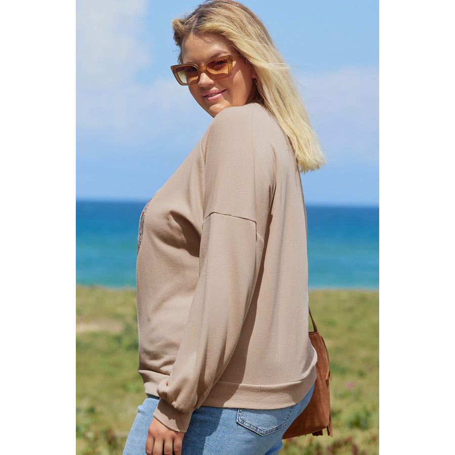 Pale Khaki Floral Peace Sign Graphic Washed Terry Plus Size Sweatshirt Plus Size/Plus Size Sweatshirts & Hoodies
