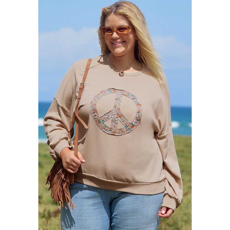 Pale Khaki Floral Peace Sign Graphic Washed Terry Plus Size Sweatshirt Plus Size/Plus Size Sweatshirts & Hoodies